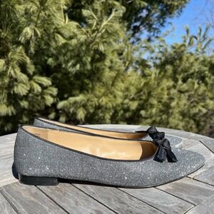 Talbots Edison Knot Glitter Ballet Flat Shoe Size 9.5 Silver Black Pointed Bow